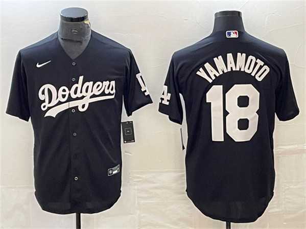 Men%27s Los Angeles Dodgers #18 Yoshinobu Yamamoto Black Cool Base Stitched Jersey